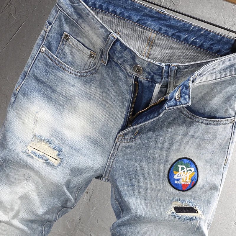Street Fashion Men Jeans Retro Washed Light Blue Elastic Stretch Slim Fit Ripped Jeans Men Patch Designer Hip Hop Denim Pants