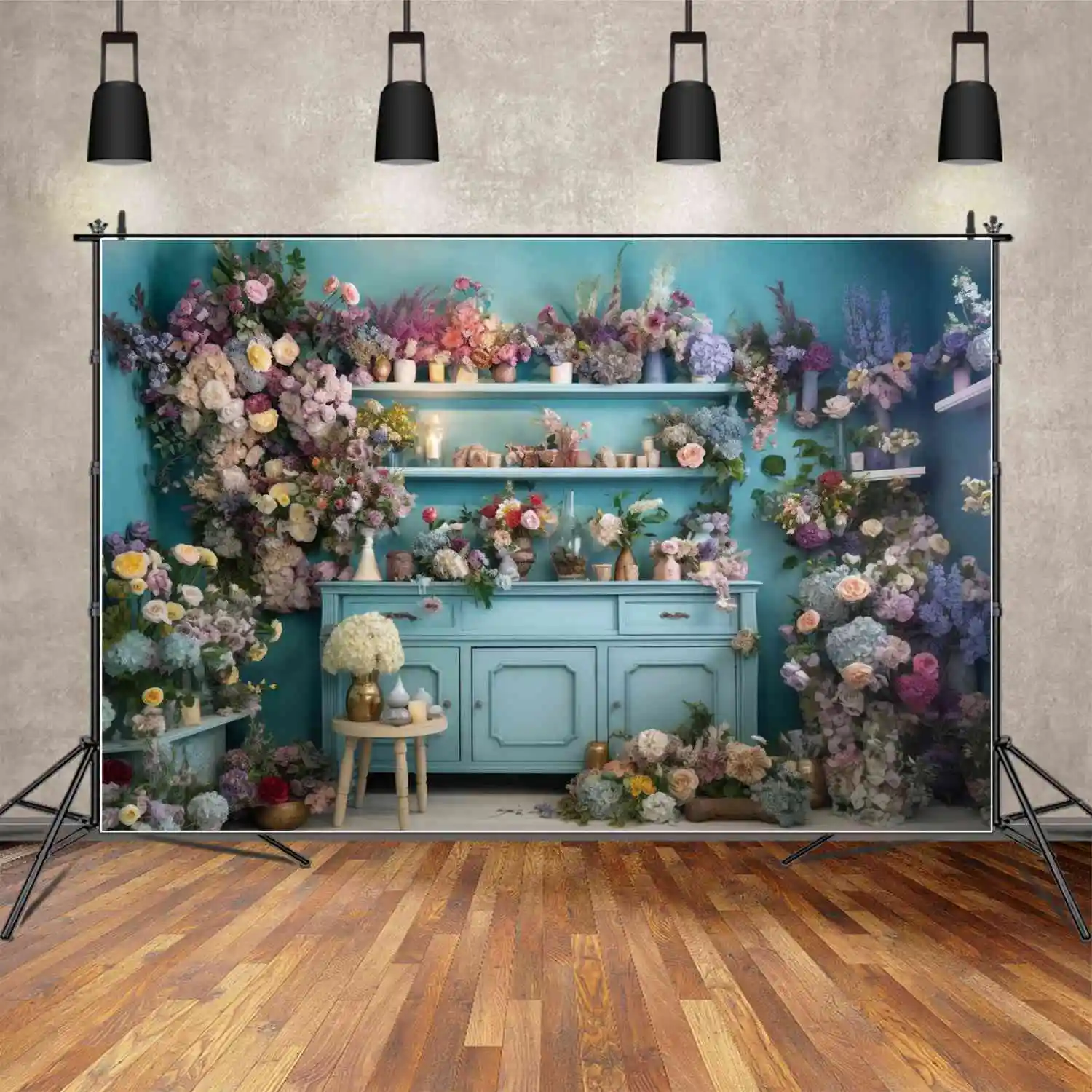 

MOON.QG Backdrop Customized Birthday Banner Blue Florist’s Flower Shop Background Women's Party Candle Light Decor Photo Booth