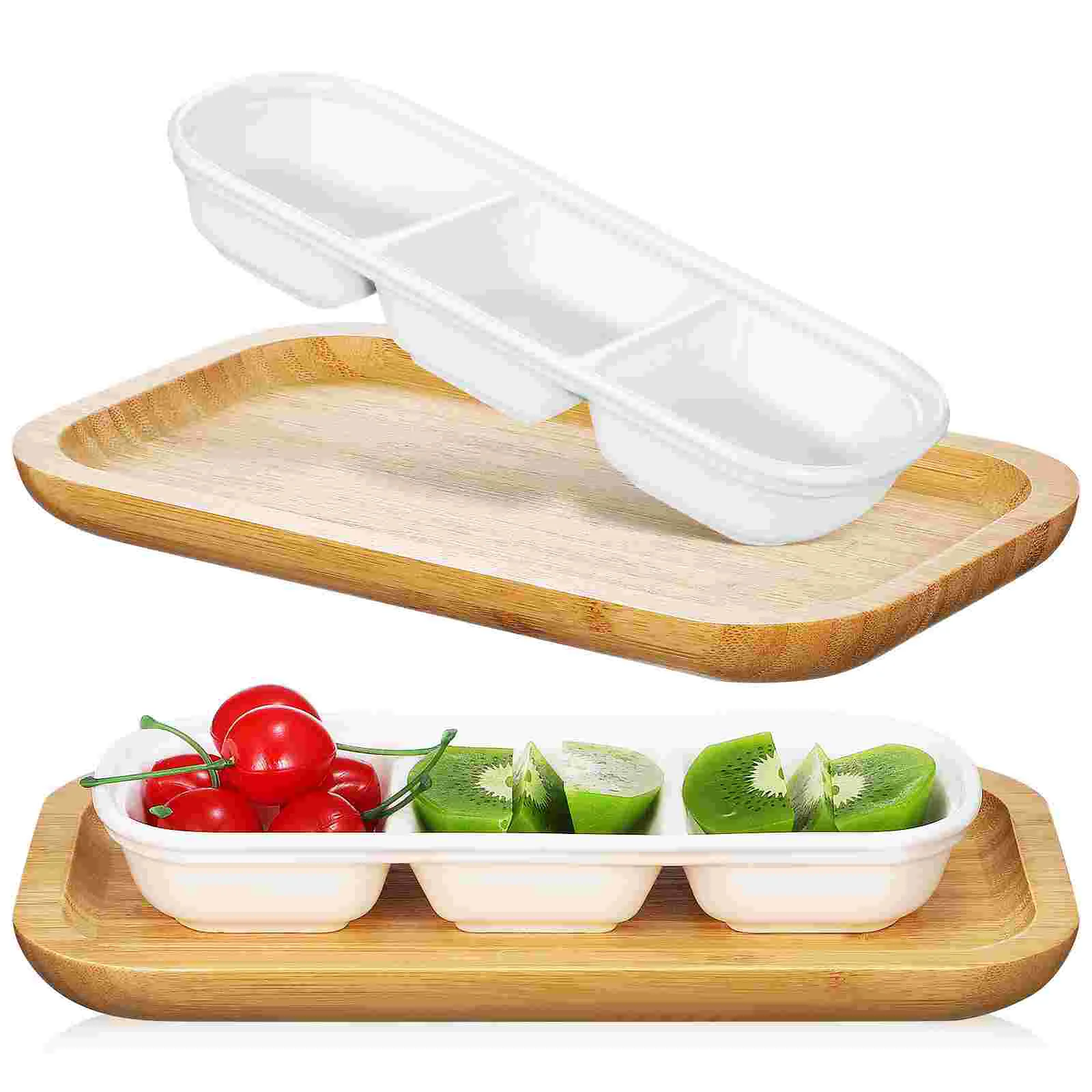 

2Pcs Sauce Dishes Ceramic Dipping Bowls Appetizer Plates with 2 Wood Serving Tray for Snacks Fruits Candy Food