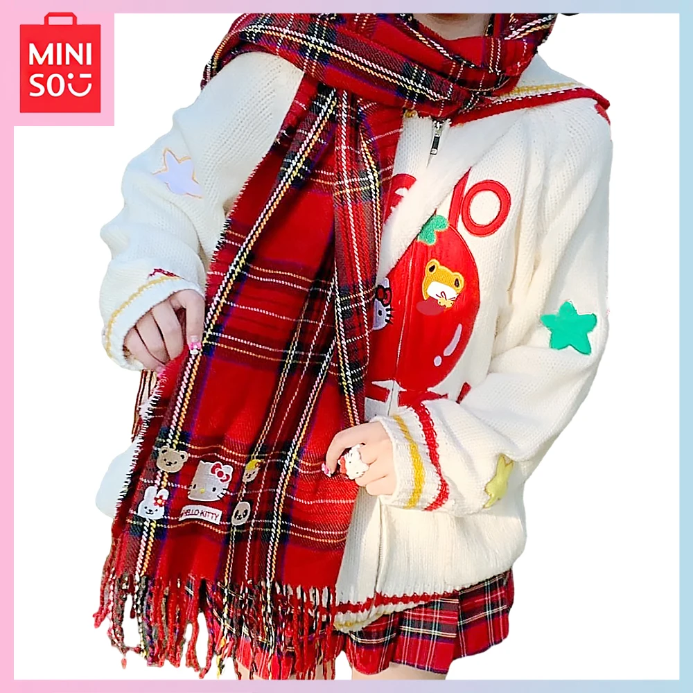 

Miniso Sanrio Hello Kitty Kawaii Y2K Cartoon Warm Red Plaid Neck Scarf Students Versatile Scarf Girls Birthday Christmas Gift