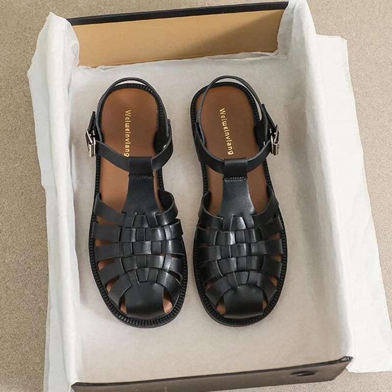 Женские босоножки в римском стиле открытые туфли с ремешком на пятке и круглым