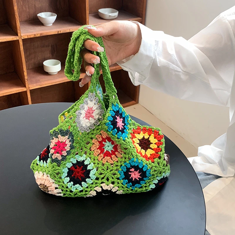 

Boho Style Colorful Handmade Crochet Handbag Women Hollow Out DIY Knitted Bags Beach Vacation Shoulder Bag Large Tote Summer Bag