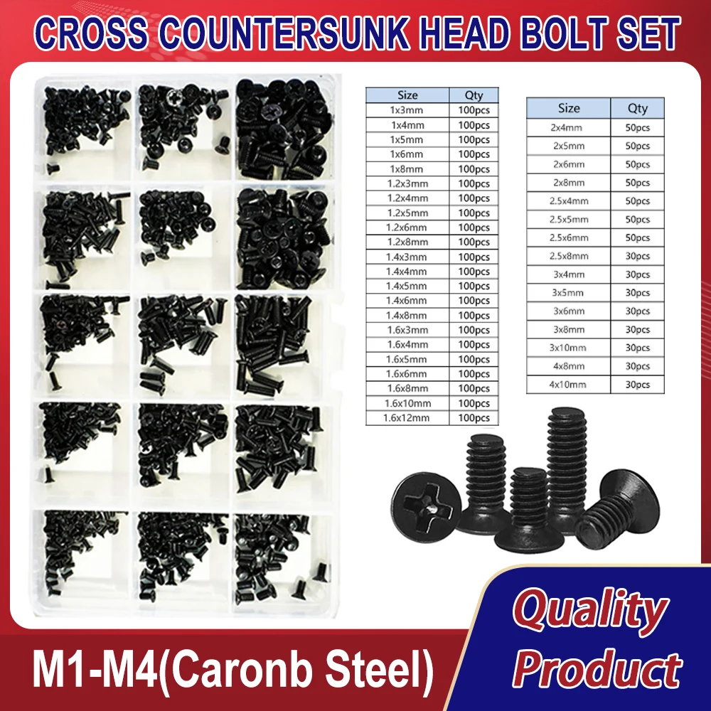 

M1 M1.2 M1.4 M1.6 M2 M2.5 M3 M4 Phillips Flat Head Bolt Set Black Countersunk Screw Metric Caronb Steel Machine Assorment Kit