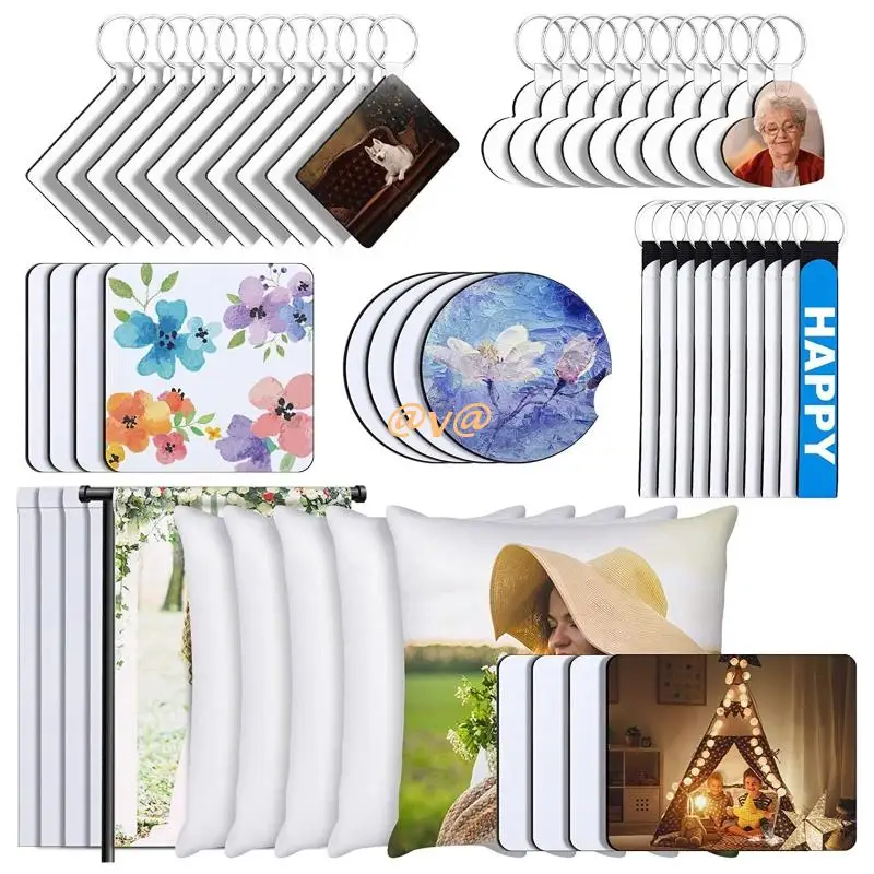 

52 Pcs Sublimation Blanks Products Set Include Blank Keychains Pillow Covers
