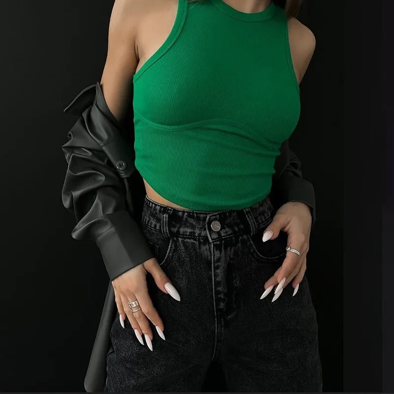 

Модный шикарный однотонный облегающий кроп-топ без рукавов с круглым вырезом, жилет, женская летняя сексуальная уличная одежда в стиле Хара...