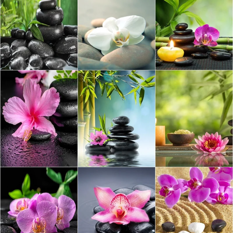 

Набор для алмазной живописи 5D «сделай сам», Набор для вышивки крестиком из дзен камня, зеленого бамбука, красных цветов, мозаика для дома