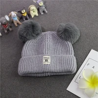 fashion child two faux fur pompom winter hat cap thickened warm velvet double pom pom cable knitted skullies beanie
