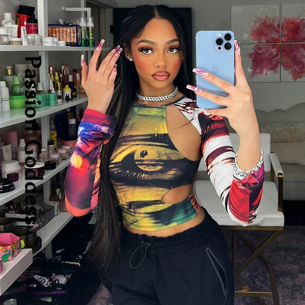 

Женская ажурная футболка с принтом, с длинным рукавом и вырезами