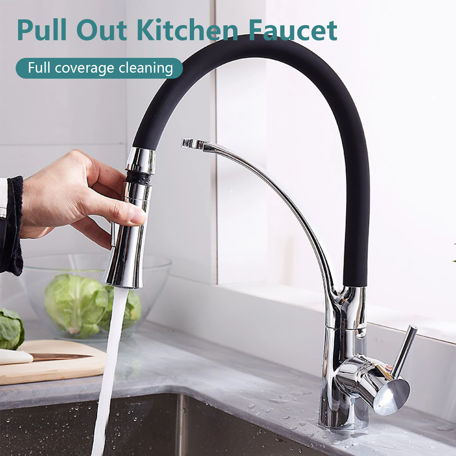 

Kitchen Water Filter Pull Out Chrome Faucet Brass Crane Dual Spout Mixer 360 Degree Rotation Water Purification Feature Taps