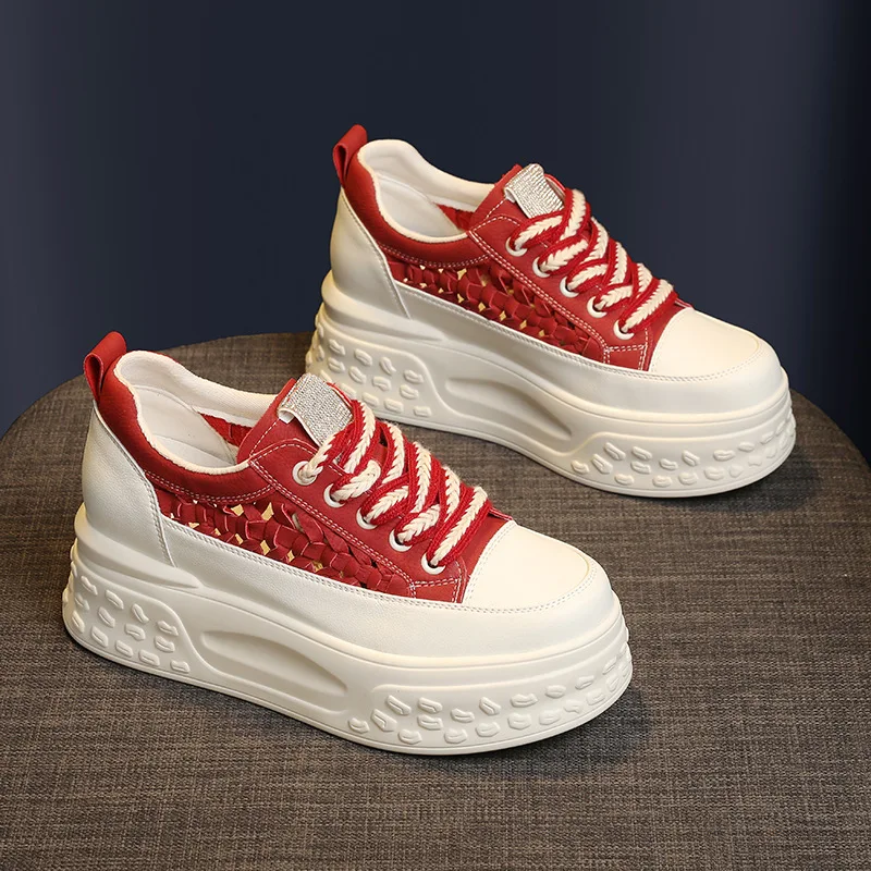 7cm 2023 Hollow Weave Design Genuine Leather Women Casual Summer Platform Wedge Chunky Sneakers Vulcanize Breathable Shoes