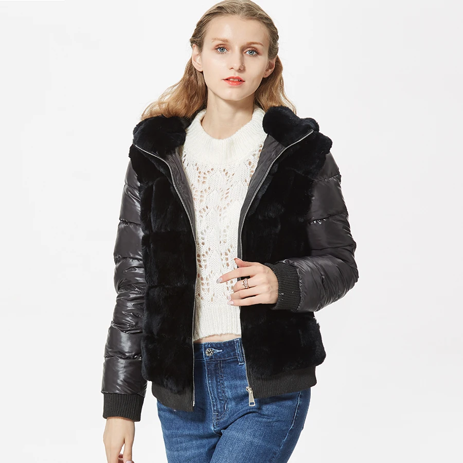 Женское пальто с капюшоном, пуховик, рукава, меховая куртка-бомбер ...