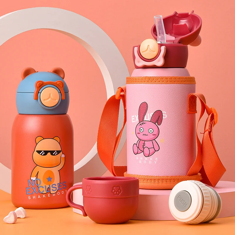 

Мультяшный детский соломенный термос на одну чашку и три крышки из нержавеющей стали 316 детский термос креативный подарок чайник