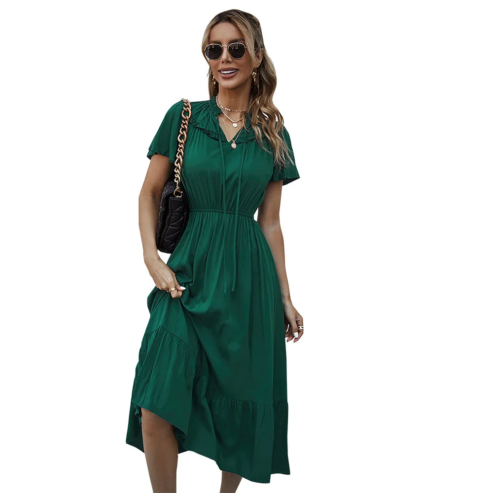 

Женское длинное платье с оборками, повседневное праздничное пляжное платье черного цвета с широким подолом и шнуровкой, элегантное праздве...