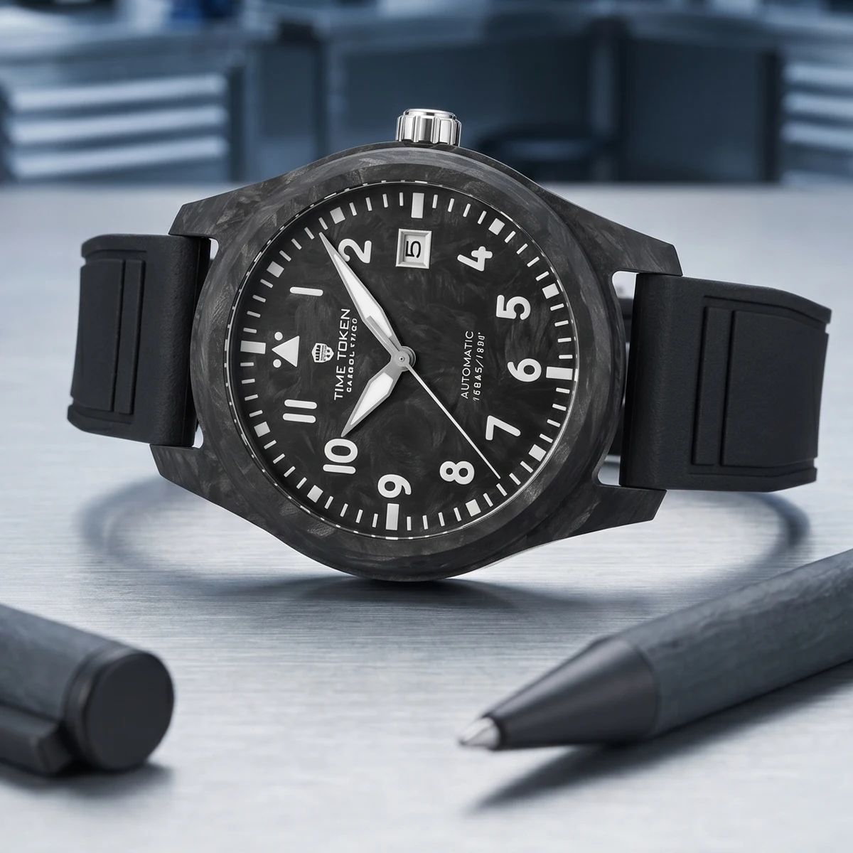 Фото Мужские часы TIME TOKEN 40MM, водонепроницаемые до 10 бар, автоматические механические часы с корпусом из карбона, календарем, наручные часы, reloj hombre T537 №1