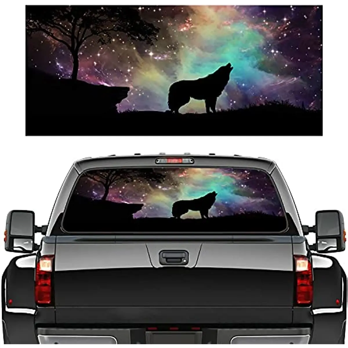 

Rear Window Graphic Decal for Trucks SUV, Cars, Universal,Starry Sky Wolf Perforated Vinyl Window Film Truck Back Window Decals
