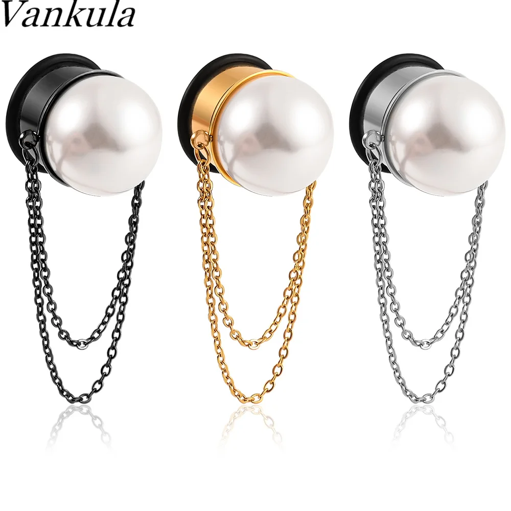 

Vankula 2pc Stainles Steel Ear Gauges Chain pearl Flared Plugs Tunnel Piercing Body Jewelry Expander Earring Stretcher Jewelry