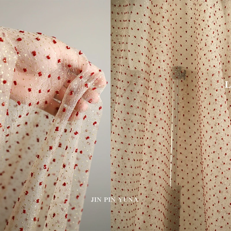 Прозрачная фототкань в красный и бежевый горошек сетчатая ткань Золотой