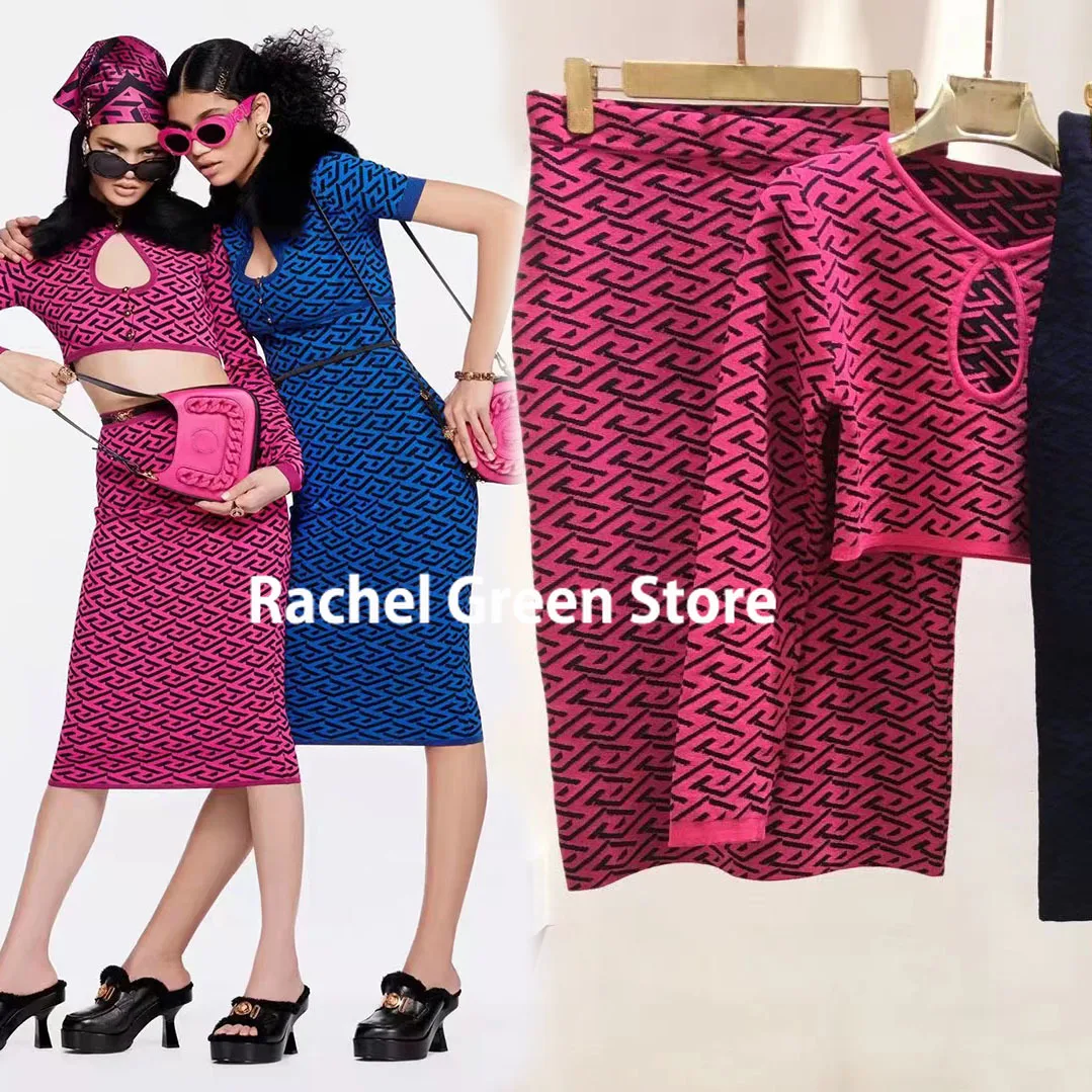 

2022 spring luxury branded fashion knitted two piece outfits set for women 3D Plaided sexy crop top + slim fit skirt clothes S-L
