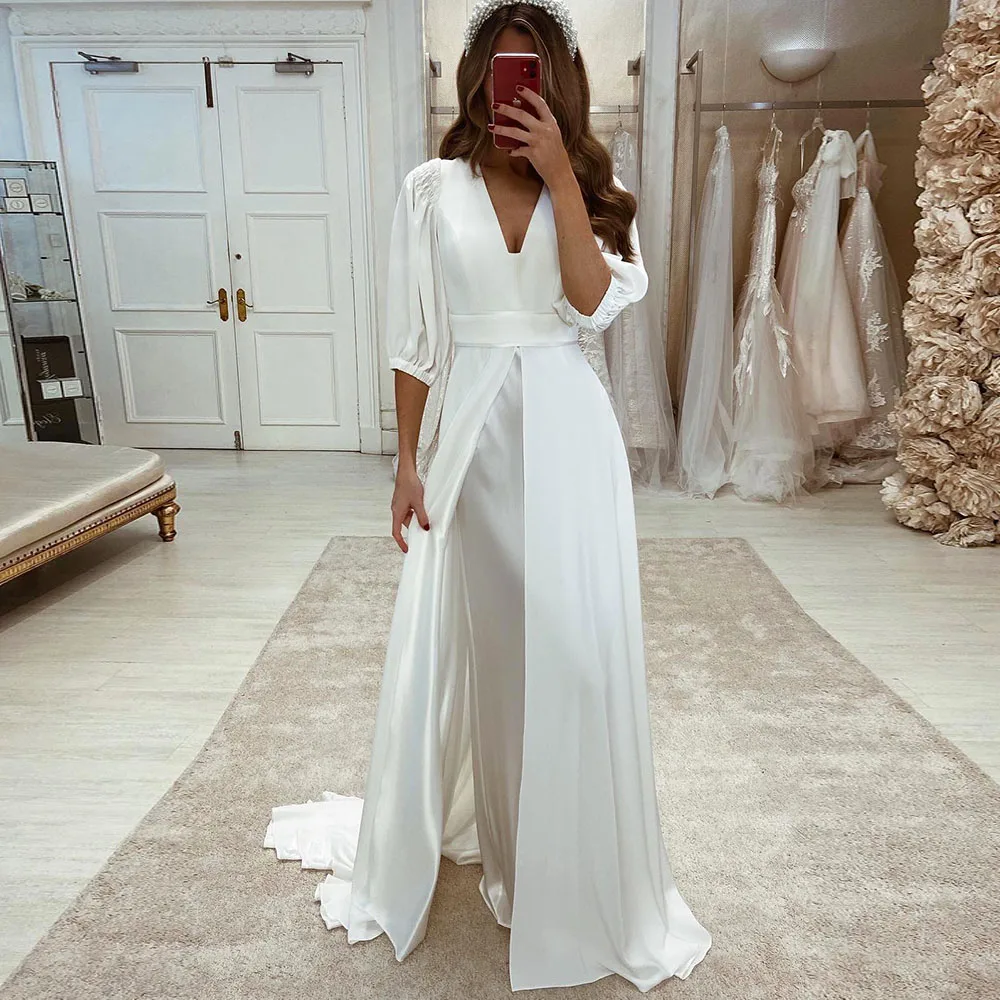 

Modern Wedding Dress For Bride 2022 Three Quarter V-Neck Floor-Length Bridal Gowns Simple Satin Vestido De Novia Custom Made