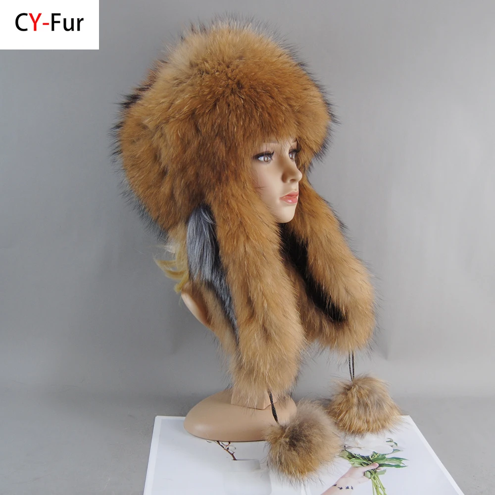 Hot Sale 2023 Women Winter Ushanka Hats Bomber Russian Woman Fluffy Trapper Natural Fox Fur Warm Round Ladies Fur Hat Scarf Set