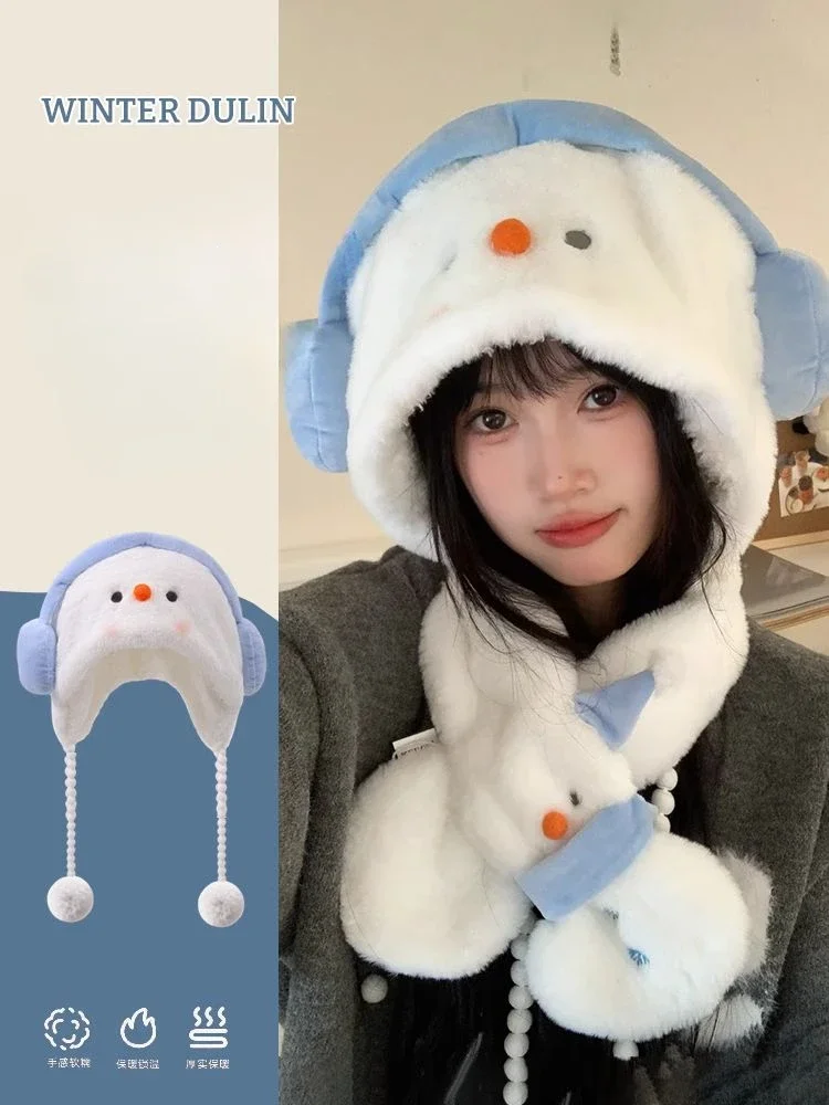 Милая плюшевая шапка со снеговиком женская осенне-зимняя толстая теплая с