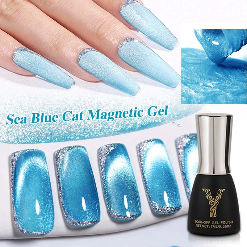 

YOKEFELLOW 7ml Sea Blue Cat Magnetic Gel Sparkle Silver Cat Magnetic Gel Nail Polish Semi Permanent Soak Off UV Gel Varnish