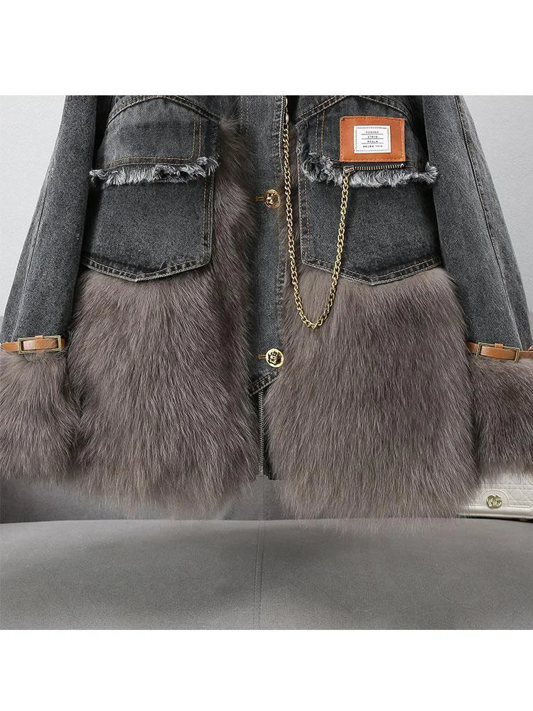 Winter -30 ℃ Fur Denim Jacket Single Breasted Streetwear Loose Parka Women Oversize Harajuku Coat Cowboy Oversize Loose Coat