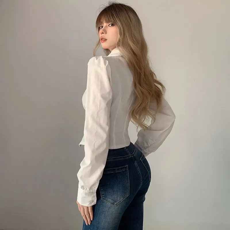 QWEEK Sexy Women Blouses Harajuku Preppy Style Korean Fashion Tunics Sweet Soft Girl Long Sleeve Tops White Shirt Slim Tie Trend