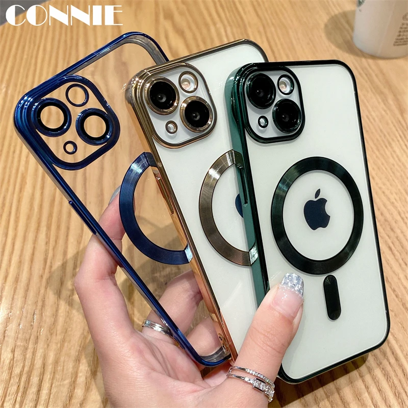 

Clear Plated Magsafe Magnetic Wireless Charge Case for iPhone 14 13 12 11 Pro XS Max X XR 7 8 Plus Soft TPU Cover With Lens Film