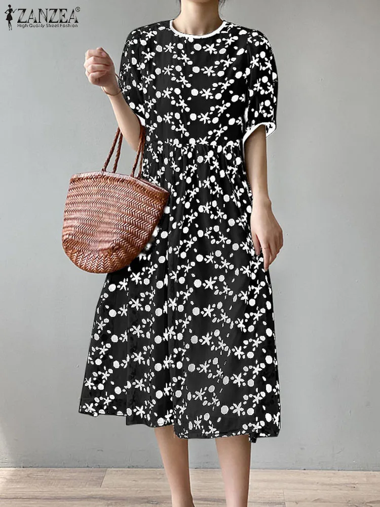 

Женское платье миди с коротким рукавом-фонариком и цветочным принтом