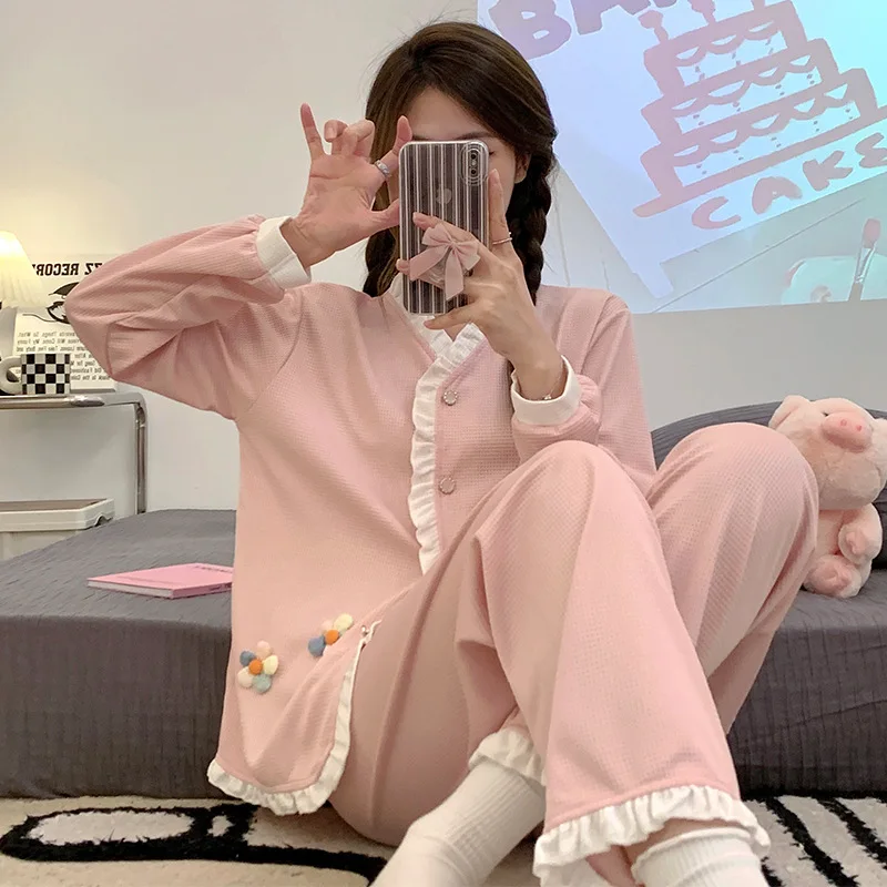 Womens 2 Piece Pajamas Set Long Sleeve Pyjama Autumn Cotton Soft Trousers Suit Femme Pyjamas Set Pjs Mujer Pijama Sleepwear