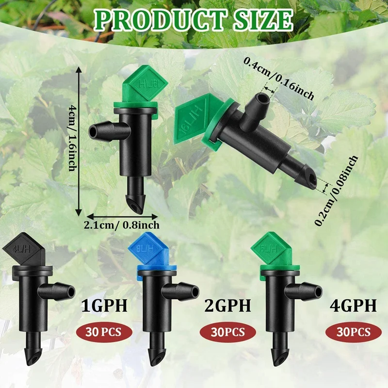 

90Pcs Drip Emitter,Garden Flag Irrigation Drippers In 3 Sizes,1 GPH, 2 GPH, 4 GPH Per Hour For Trees And Shrubs Watering