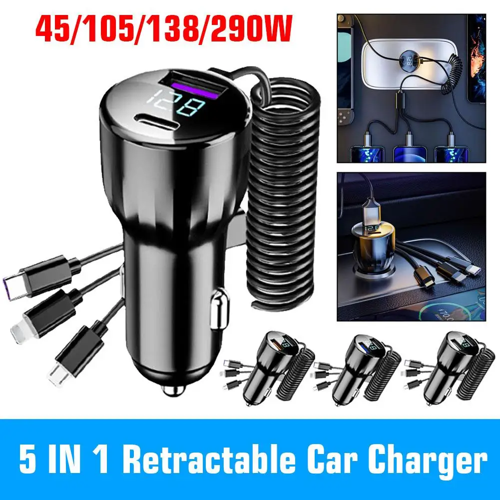 

5 IN 1 Retractable Car Charger USB Type C Cable For IPhone Samsung Fast Charge Cord Cigarette Lighter Adapter W4G6