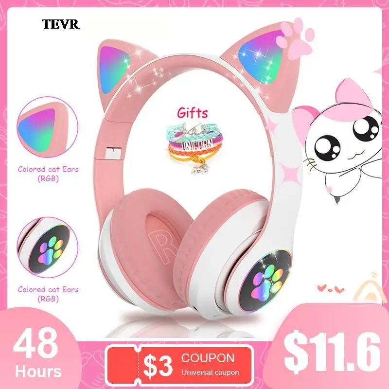 

TEVR RGB Cat Ear Headphones Blue-tooth fone Bass Noise Cancelling Adults Kids Girl Headset Support TF Card Casco Mic Gift