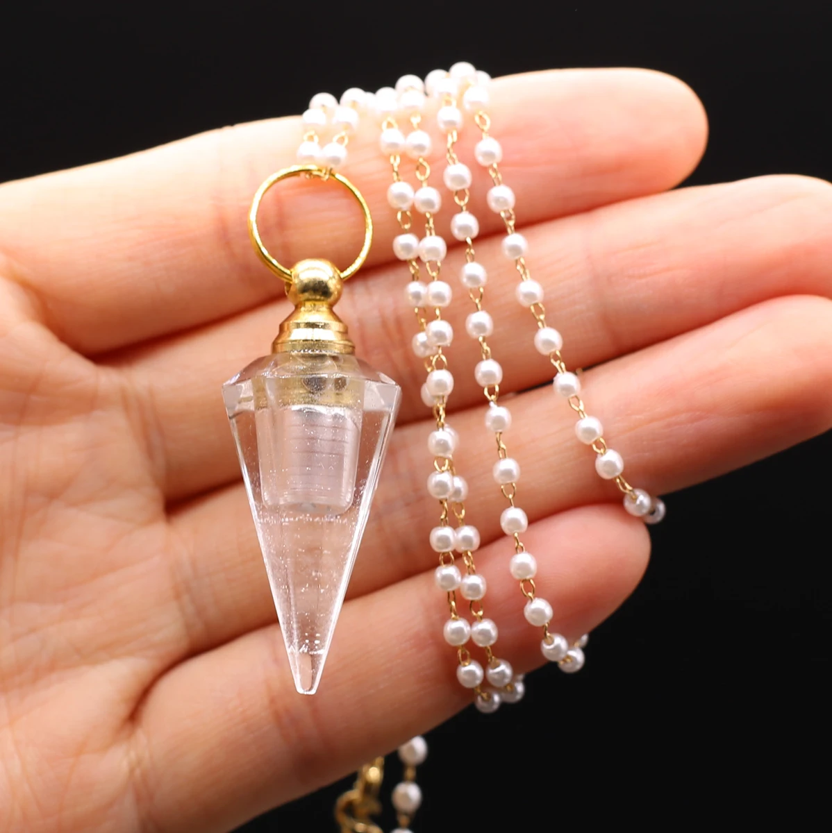 White Crystal Perfume Bottle Pendant Necklace Pearls Chain Natural Stone Clear Quartz Essential Oil Vial Necklaces Women Jewelry