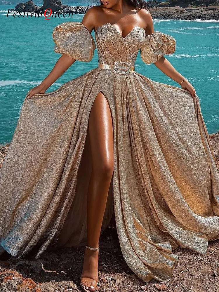 

Y2K Women's Shinny Maxi Dress Strapless Puff Sleeve Splited Solid Color Belt Low Cup Patchwork Female Sexy Clothing 2023 Summer