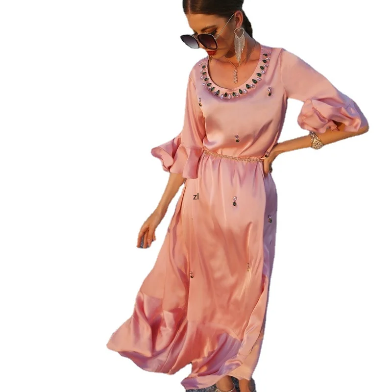 

Moroccan Caftan Woman Dress Peach Pink Rhinestone Beaded Dubai Arab Muslim Beach Holiday Traval Abaya Ruffle Sleeve New