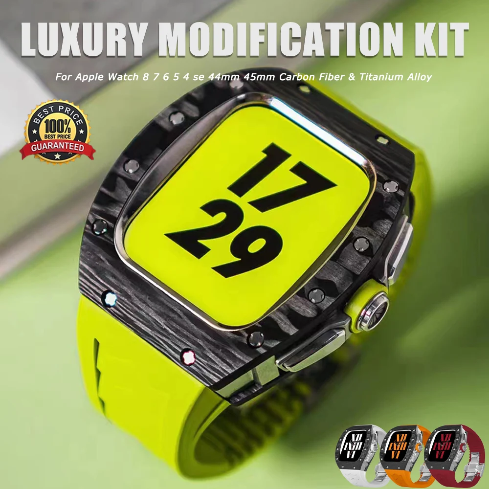 

Modification Kit Carbon Fiber Case For Apple Watch 8 7 6 SE 5 4 Metal Titanium Mod Kit For IWatch 45MM 44MM Fluororubber Strap