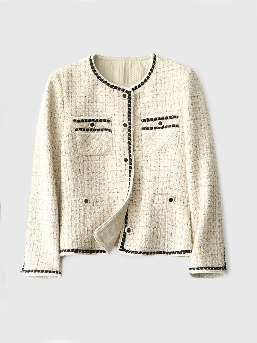 

Korean style 2022 autumn winter new sheepwool tweed small fragrance wind light luxury slim short coat