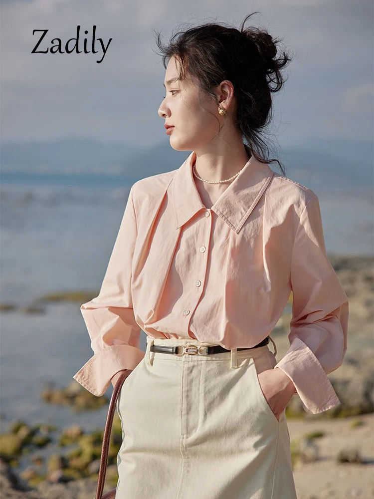 

Zadily 2023 Spring New Office Lady Long Sleeve Fold White Shirt Women Korea Style Loose Button Up Tunic Blouse Work Female Tops