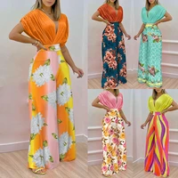 womens clothing 2022 summer new style temperament v neck printed wide leg pants casual high waist loose jumpsuit large size