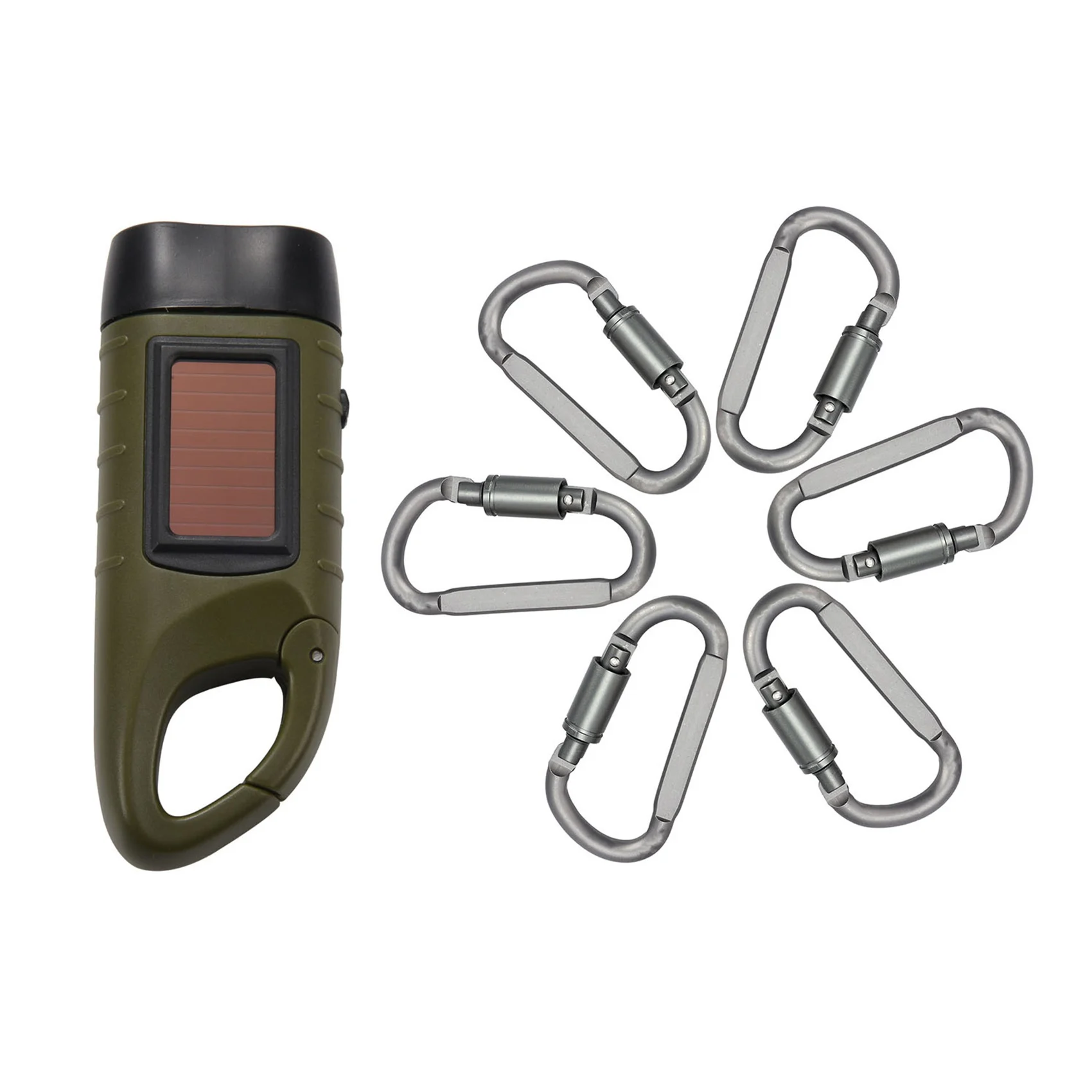 

Mini Emergency Hand Crank Dynamo Solar Flashlight With 6 Pcs Aluminum Alloy D-Ring Locking Carabiner