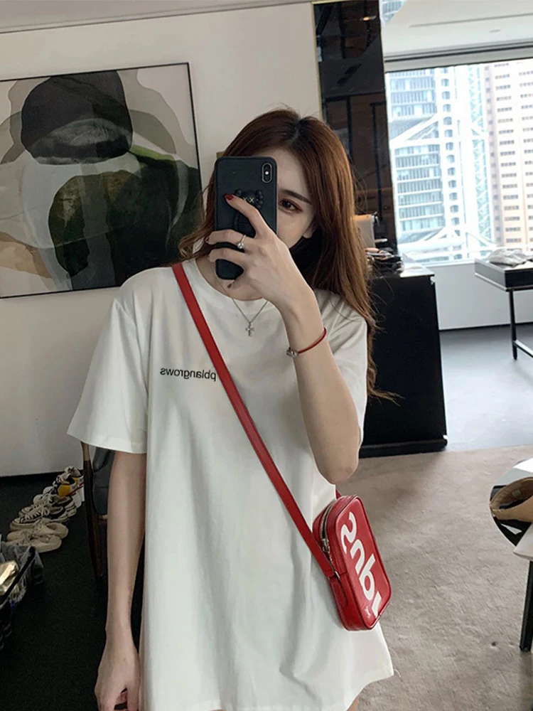 

Bottom missing loose T-shirt women's summer new white cotton mid-length short-sleeved top letter