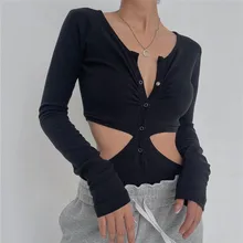 Sexy Cut Out Bodysuit Women Casual Button Up Basic Tshirt Slim Body Top Long Sleeve Bodycon Round-Ne