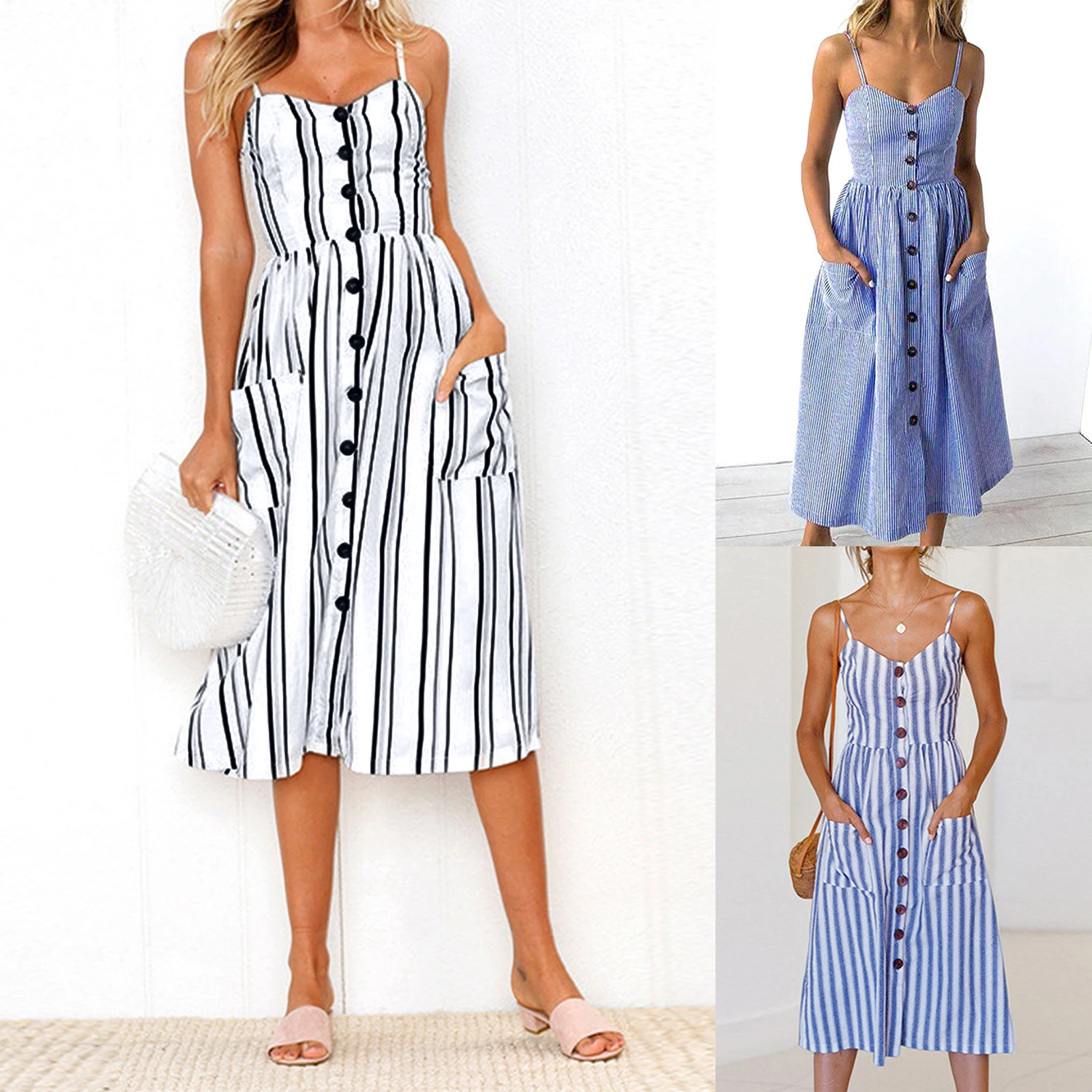 

2023 Summer Striped Midi Dress New V Collar A-line Sleeveless Dress Sweet Casual Elastic Mini Camisole Dress Bohemian Outfit