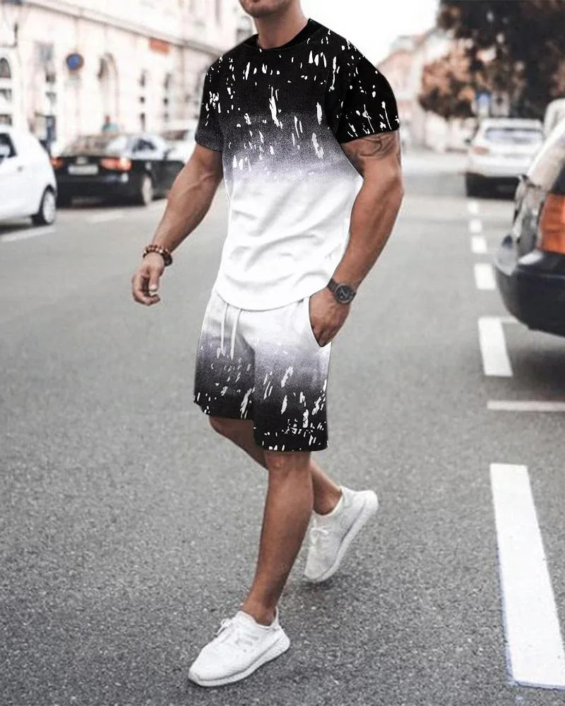 Summer Tracksuits Men's Gradient Pattern Short Sleeves 3D Printed Casual Fashion Sportswear Two-piece Oversized Street  Clothing