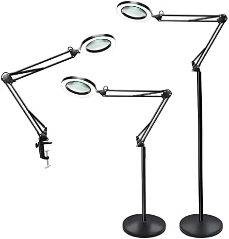 

Glass Floor Lamp, Dimmable LED Magnifying Lamp with Clamp - 12W, 3 Lighting Modes, 5 Diopter, Height Adjustable - Super Bright F