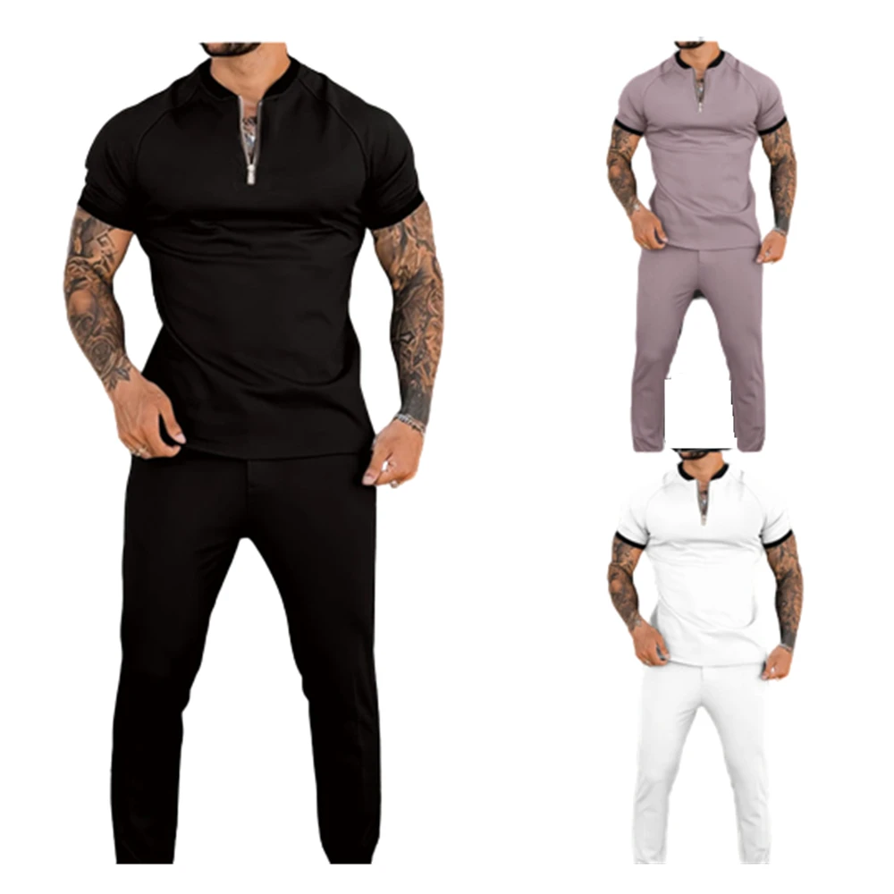 

Fashion Solid Color Casual Tracksuits For Men Short Sleeve Slim Fit Zipper Lapel Polos T-shirt And Sports Pant 2 Piece Polo Sets