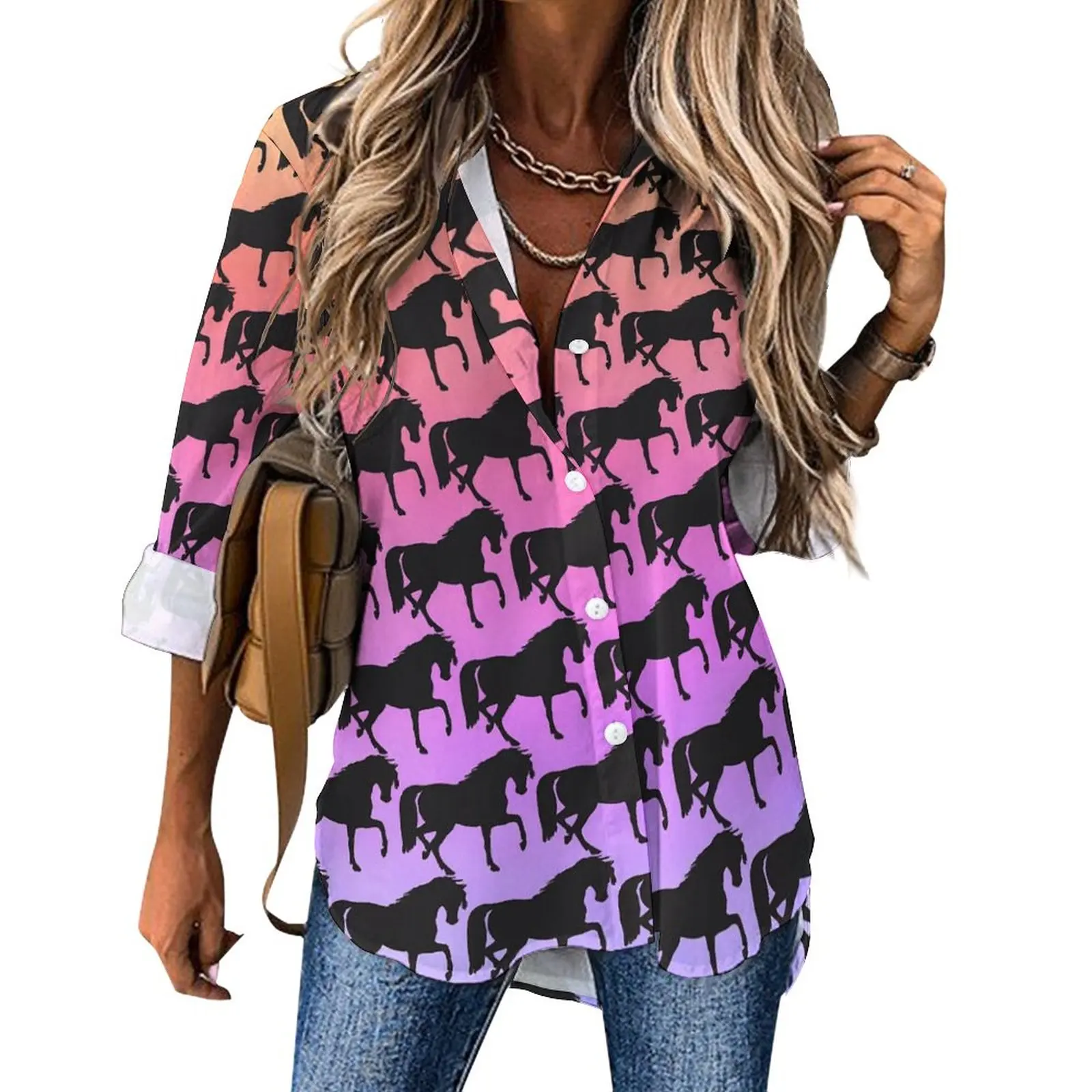 

Horse Silhouette Blouse Womens Sunset Rainbow Classic Loose Blouses Spring Long-Sleeve Cool Shirts Graphic Clothes Big Size