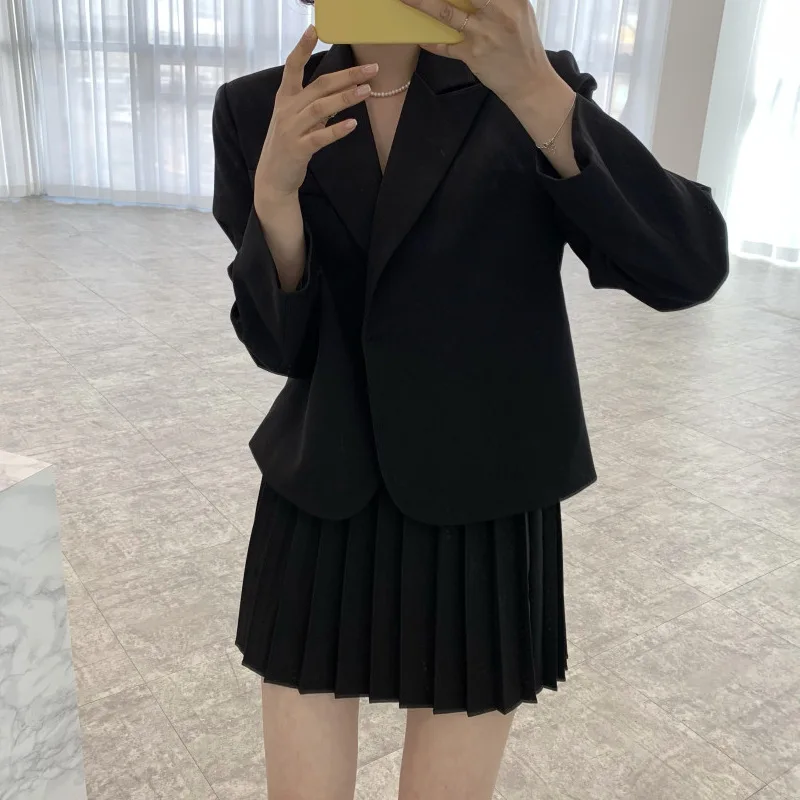 Ladies Temperament High-waist Pleated Skirt Short Skirt Two-piece Suit Solid Color Loose Long-sleeved Suit Jacket Skirt Suit